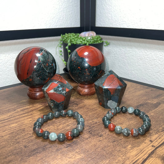 African Bloodstone Set with Sphere, Cupcake point and Bracelet