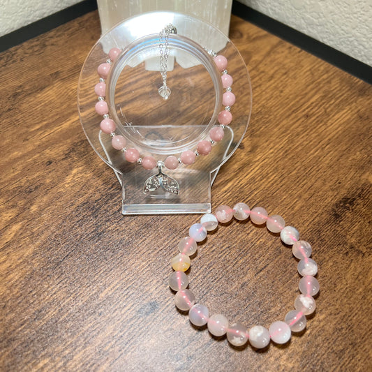 Pink Opal and Flower Agate Crystal Bead Bracelet Set mermaid tail Shuga Company Shuga Gems gift idea