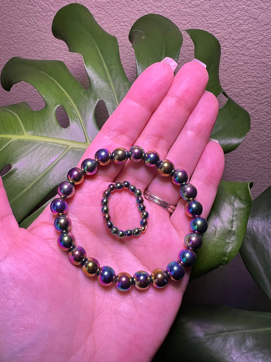 aura hematite stretch bead bracelet and ring set Shuga Gems crystal Shuga Company gift idea